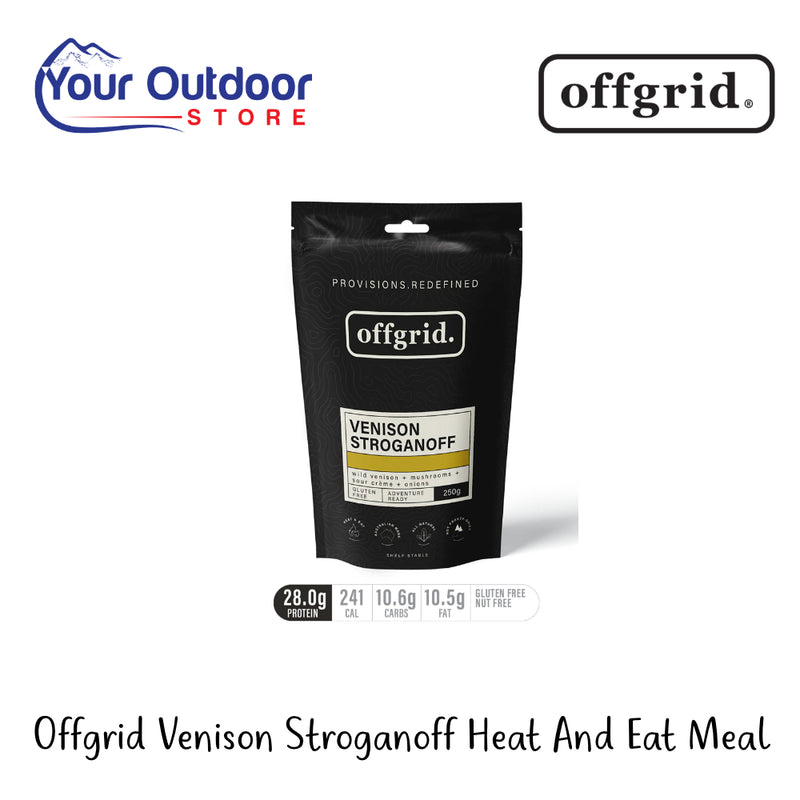 Off Grid Venison Stroganoff Heat And Eat Meal | Hero Image Showing All Logos And Titles.