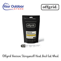 Off Grid Venison Stroganoff Heat And Eat Meal | Hero Image Showing All Logos And Titles.