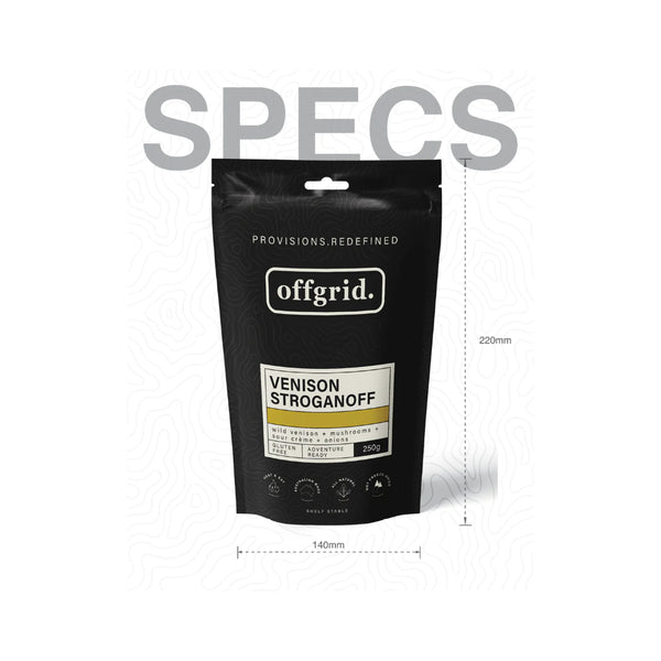 Venison Stroganoff | Off Grid Heat And Eat Meal Image Showing Packaging Specs.