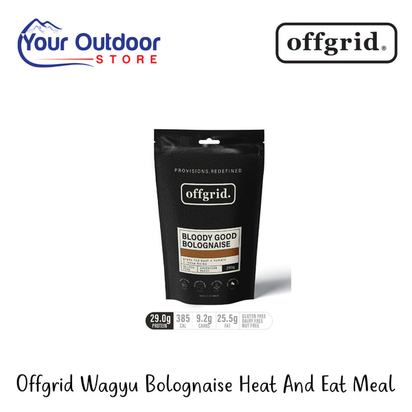Off Grid Wagyu Bolognaise Heat And Eat Meal | Hero Image Showing All logos And Titles. 