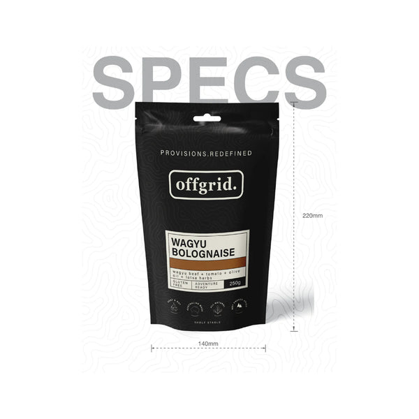 Wagyu Bolognaise | Off Grid Heat And Eat Meal Image Showing Specs On The Packaging.