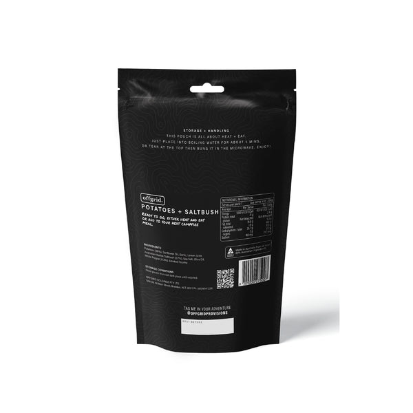 Potatoes + Saltbush | Offgrid Heat And Eat Meals Image Showing Back View.