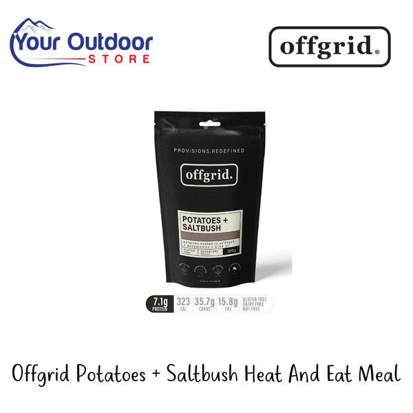Offgrid Potatoes + Salltbush Heat And Eat Meal | Hero Image Showing All Logos And Titles.