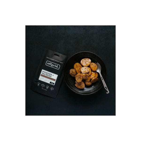 Potatoes + Saltbush | Offgrid Heat And Eat Meals Image Showing Packaging Next To A Bowl Full Of Product.