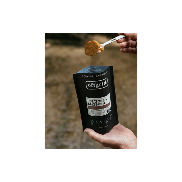 Potatoes + Saltbush | Offgrid Heat And Eat Meals Image Showing Packaging Open, With A Potato On A Spoon.