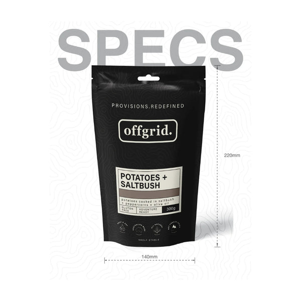 Potatoes + Saltbush | Offgrid Heat And Eat Meal Image Showing Packaging Specs.