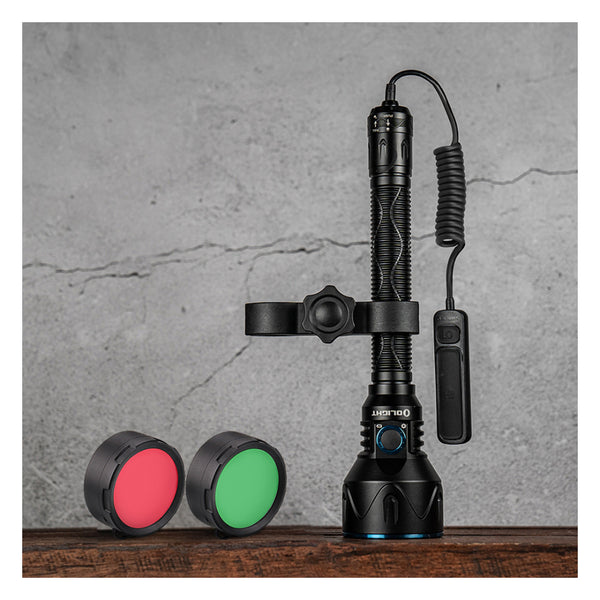 Black | Olight Javelot Pro Hunters Torch. Torch Shown with Red and Green Filter Caps. 