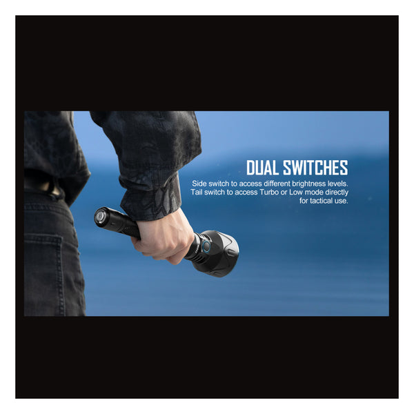 Black | Olight Javelot Pro Hunters Torch. Image Showing Dual Switches for Brightness.