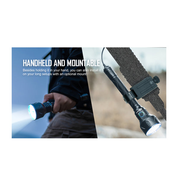 Black | Olight Javelot Pro Hunters Torch. Image Showing Handheld and Mounted. 