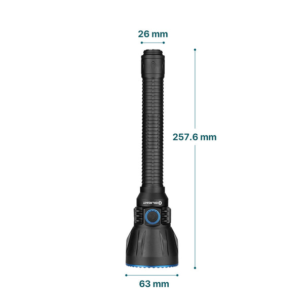 Black | Olight Javelot Turbo 2 Powerful Rechargeable 1500 Metre Long Range Hunting Torch Image Showing Dimensions Of The Touch.