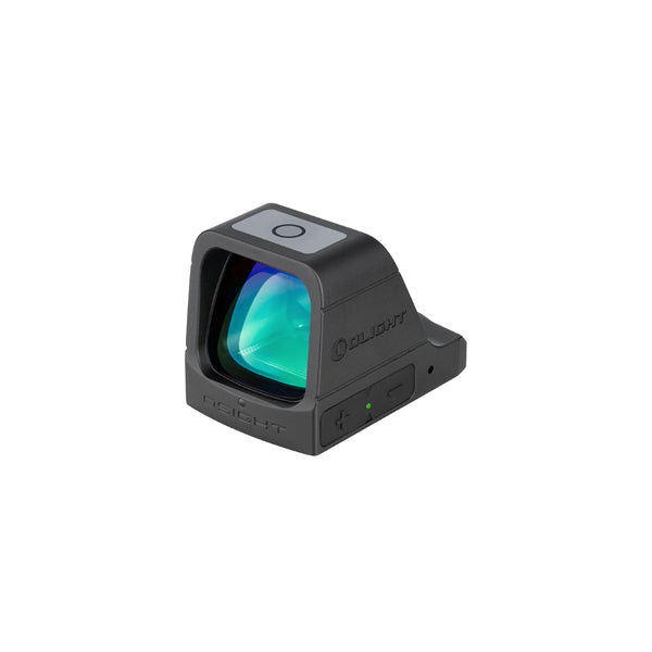 Green Dot | Olight Osight Green Dot 3MOA With Magnetic Charging Case Image Showing Angled Front View, Buttons In View.