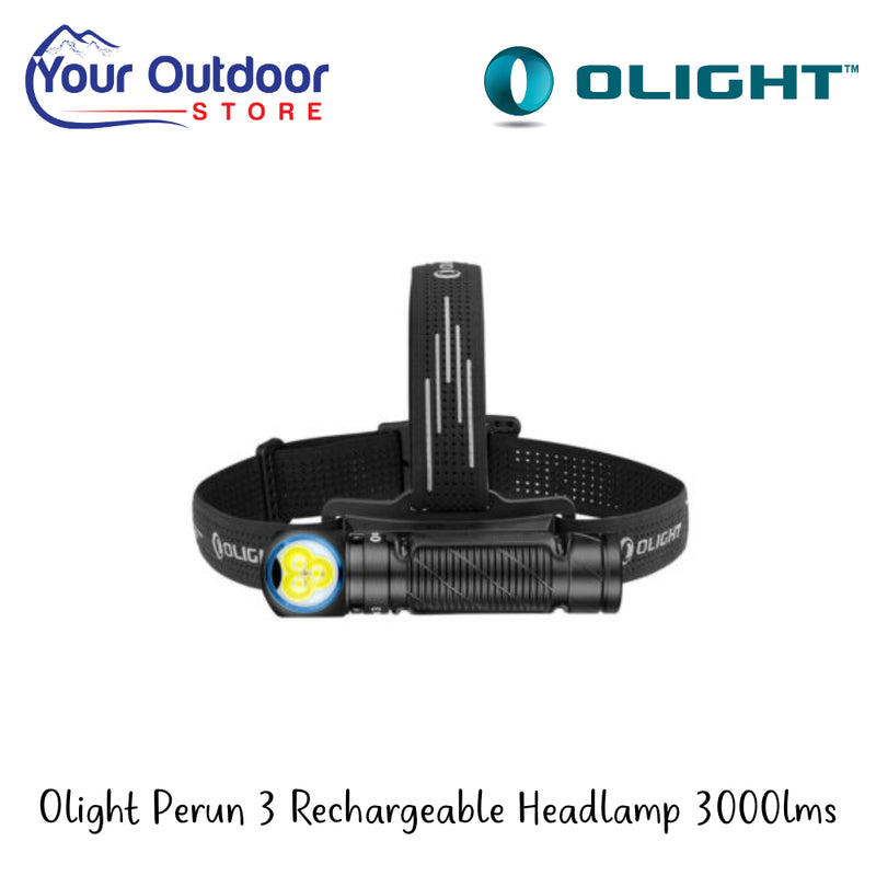 Olight Perun 3 Rechargeable Headlamp 3000lms | Hero Image Showing All Logos And Titles.