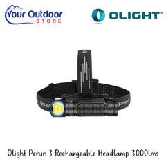 Olight Perun 3 Rechargeable Headlamp 3000lms | Hero Image Showing All Logos And Titles.