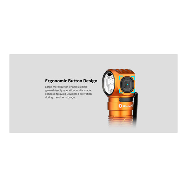 Black | Olight Perun 3 Rechargeable Headlamp 3000lms Image Showing Information On The Ergonomic Button Design.
