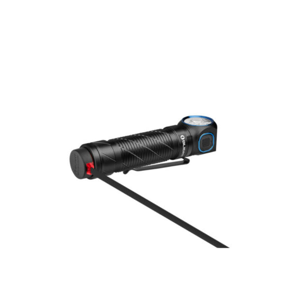 Black | Olight Perun 3 Rechargeable Headlamp 3000lms Image Showing Horizontal View Of The Torch, Out Of The Cradle.
