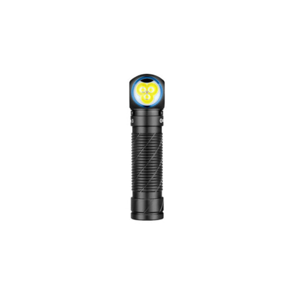 Black | Olight Perun 3 Rechargeable Headlamp 3000lms Image Showing Front View Of Torch, Out Of Headlamp Cradle.