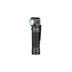 Black | Olight Perun 3 Rechargeable Headlamp 3000lms Image Showing Angled Side View Of Torch, Out Of The Headlamp Cradle, With Light And Power Button In VIew.