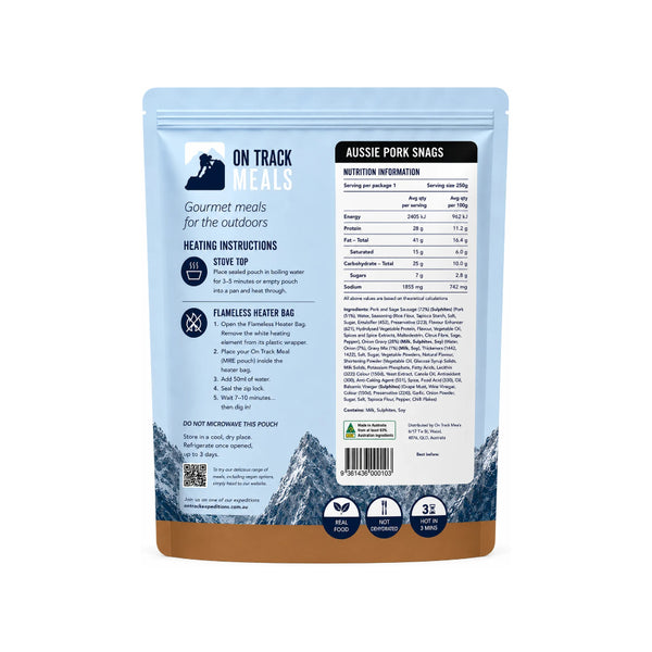 250g | On Track Aussie Pork Snags Image Showing The Information On The Back Of The Packaging.