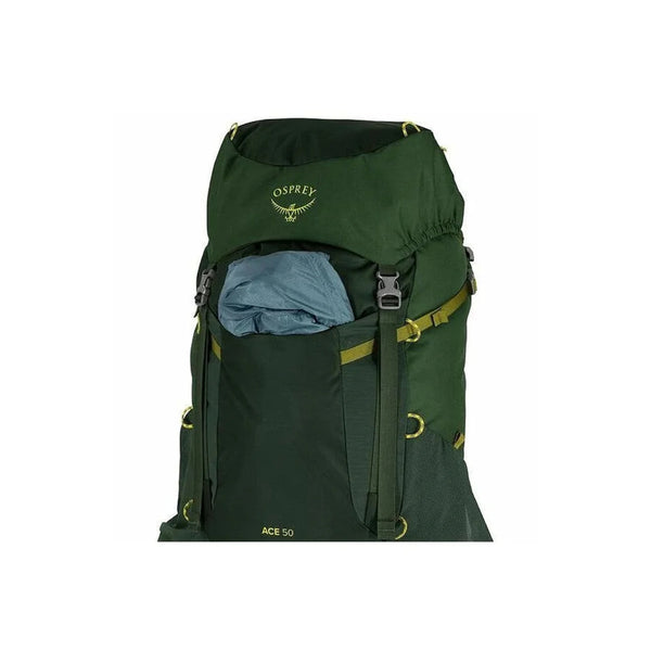 Green Canopy | Osprey Ace Backpack Image Showing Close Up View Of Front Pocket , Open.