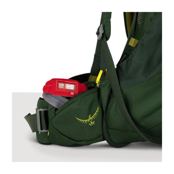 Green Canopy | Osprey Ace Backpack Image Showing Close Up View Of The Zippered Hipbelt Pocket, Open.