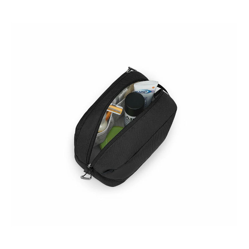 Black | Osprey Daylite Toiletry Kit Image Showing Top View With Zipper Open, Toiletry's Not Included.