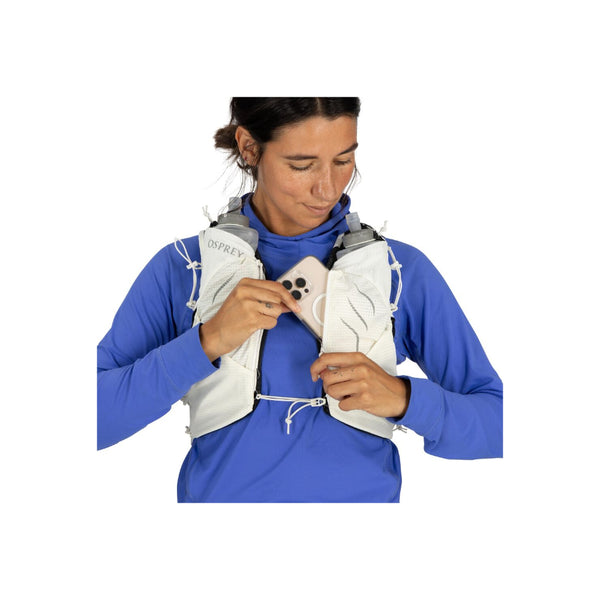 Mystery White | Osprey Duro Pro 10L Womens Hydration Vest With Flasks Image Showing The Osprey Duro Pro 10L Womens Hydration Vest With Flasks  On A Model, Image Showing Close Up Of One Of The Chest Zippered Pockets.
