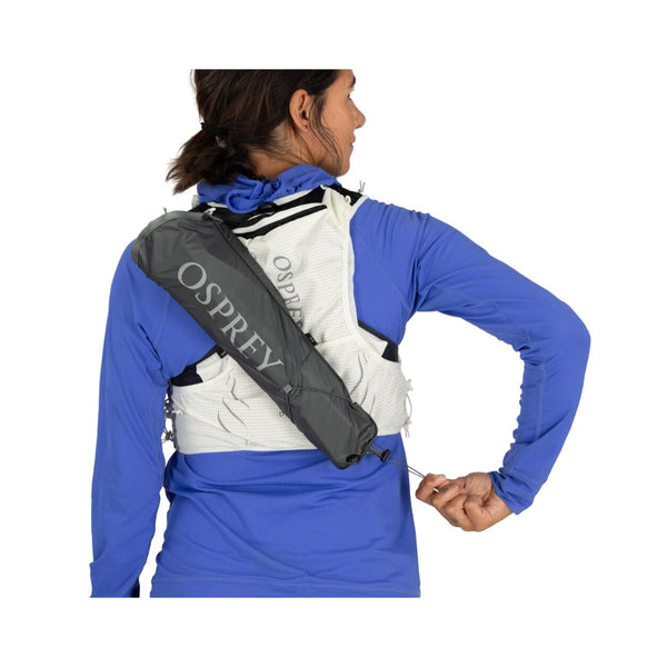 Mystery White | Osprey Duro Pro 10L Womens Hydration Vest With Flasks Image Showing The Osprey Duro Pro 10L Womens Hydration Vest With Flasks  On A Model Image Showing Back View With Quiver Pocket , Attached On An Angle.