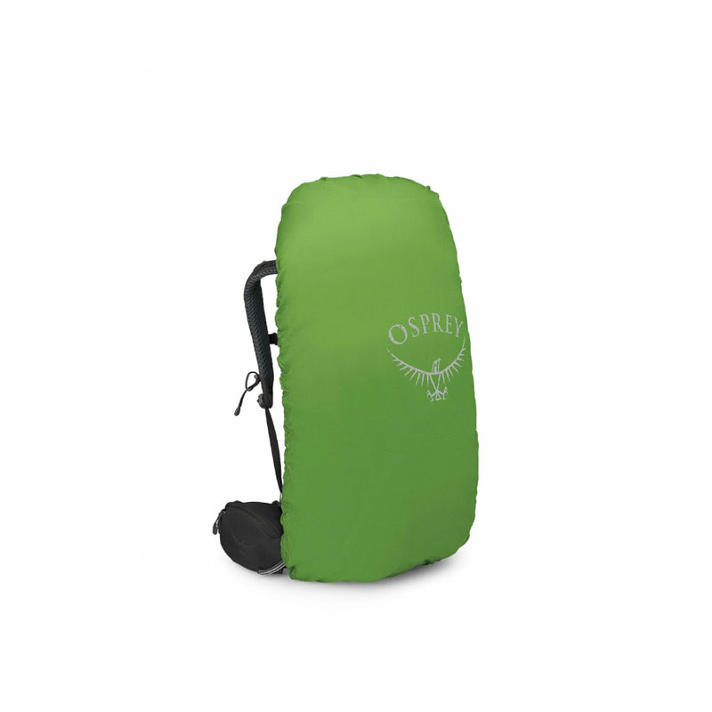Black |  Osprey Kestrel 48L Hiking Pack Image Showing Hiking Pack With Rain Cover On.
