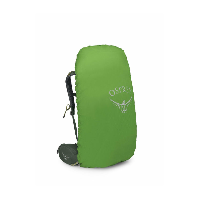 Bonsai Green |  Osprey Kestrel 48L Hiking Pack Image Showing Hiking Pack With Rain Cover On.