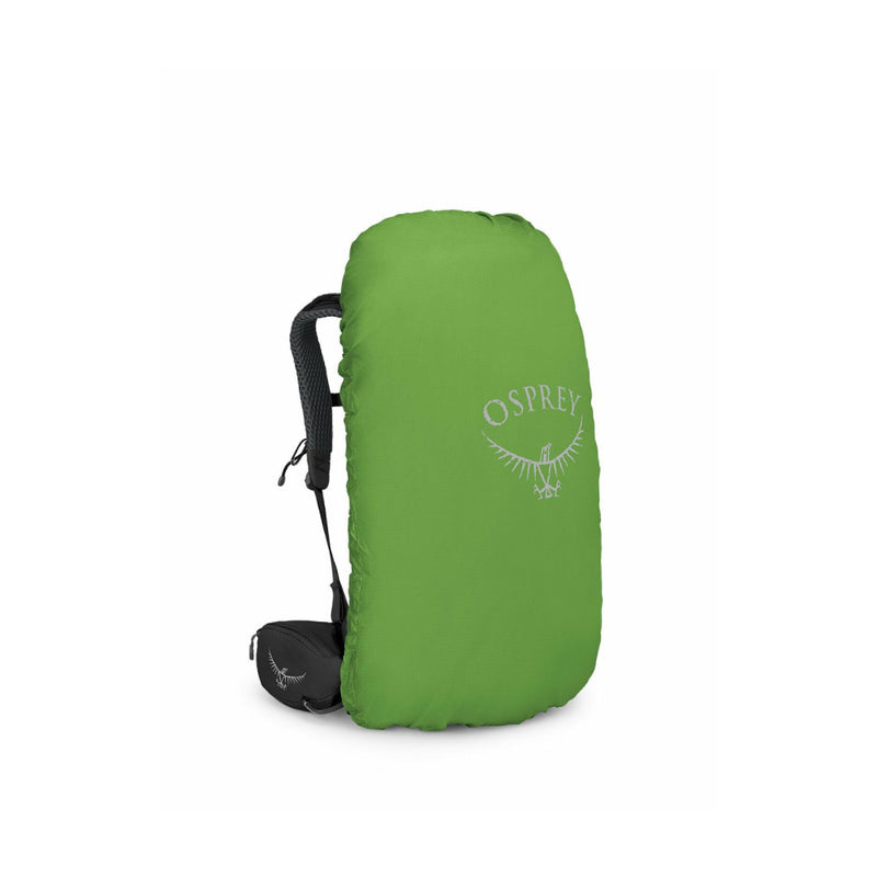 Black | Osprey Kyte 38L Hiking Pack Image Showing Pack With The Rain Cover On.
