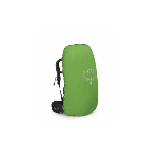 Black | Osprey Kyte 48L Hiking Pack Image Showing Hiking Pack With The Included Raincoat On.
