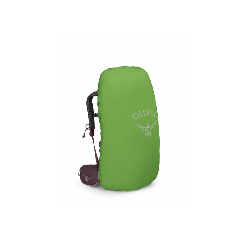 Elder Purple | Osprey Kyte 48L Hiking Pack  Image Showing Hiking Pack With The Included Raincoat On.