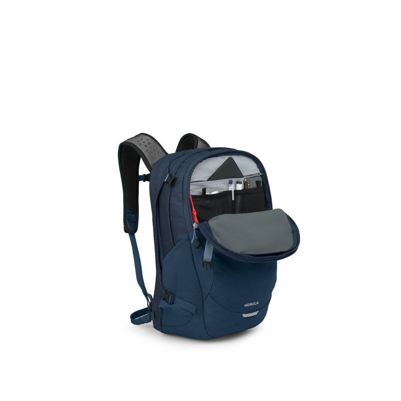 Atlas Blue | Osprey Nebula 32L Backpack Image Showing Angled Front View, With Front Pocket Open.