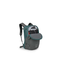 Cascade Blue, Coal Grey | Osprey Nebula 32L Backpack Image Showing Angled Front View, With Front Pocket Open.