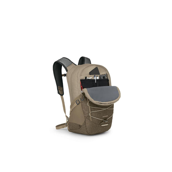 Alpaca Tan, Latte Brown | Osprey Quasar 26L Backpack Image Showing Angled Front View With The Front Pocket Open.