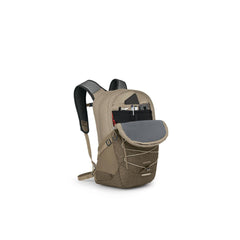 Alpaca Tan, Latte Brown | Osprey Quasar 26L Backpack Image Showing Angled Front View With The Front Pocket Open.