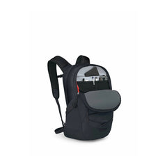 Black | Osprey Quasar 26L Backpack Image Showing Angled Front View With Front Pocket Open.