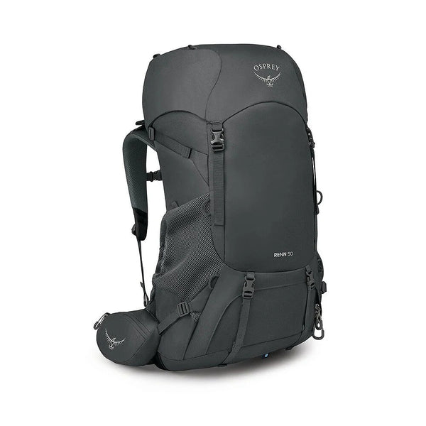 Dark Charcoal Grey Wolf / 50L | osprey Renn Backpack Image Showing Side View.
