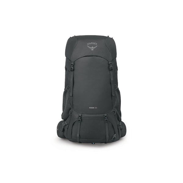 50L - Dark Charcoal/Silver Lining | Osprey Rook Hiking Pack  Image Showing Front View.