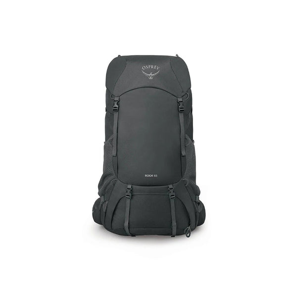 65L - Dark Charcoal/Silver Lining | Osprey Rook Hiking Pack Image Showing Front View.