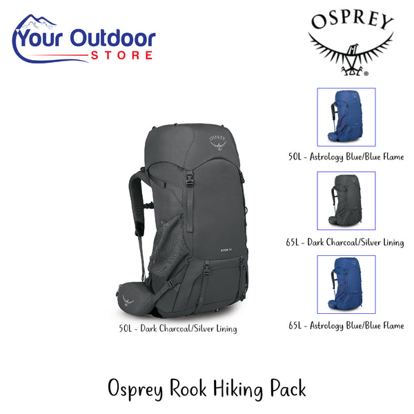 Osprey Rook Hiking Pack | Hero Image Showing All Logos, Titles And Variants.