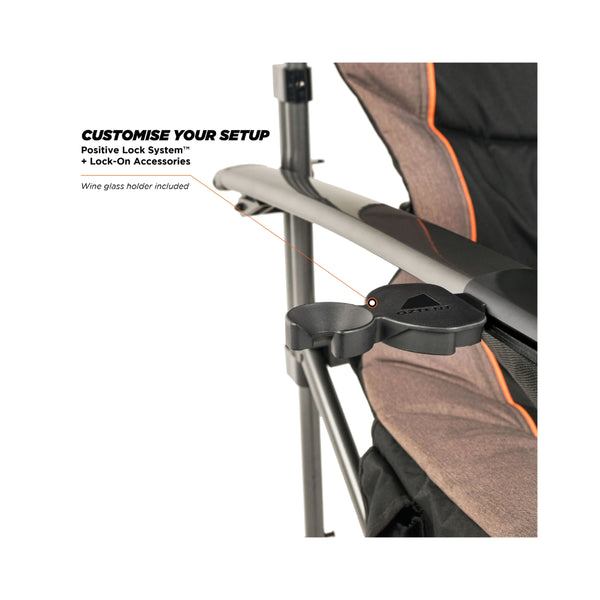 Black/Orange/Khaki | Oztent King Kokoda Chair Series lll Image Showing Close UP Of The Positive Lock System, And Arm Rest.