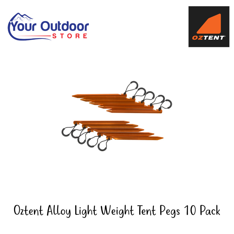 Oztent Alloy Light Weight Tent Pegs | Hero Image Showing All Logos And Titles.
