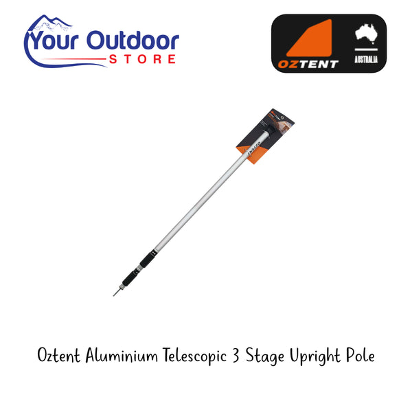 Oztent Aluminium Telescopic 3 Stage Upright Pole. Hero Image Showing Logos and Title. 