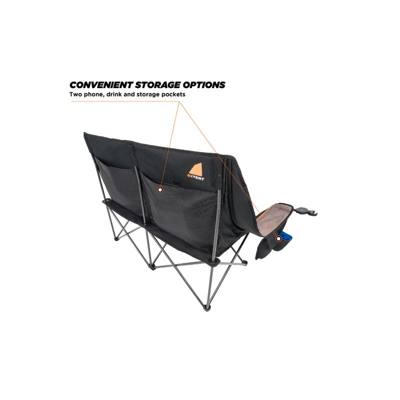 Double | Oztent Longe Chair Series lll Image Showing Back View, With Storage Pockets In VIew.