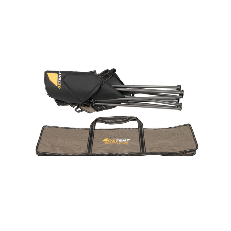 Oztent Goanna Chair Series II | Image Showing Chair Packed Down Laying Next To The Carry Bag.