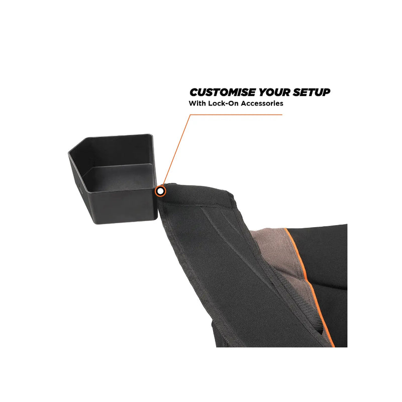 Single | Oztent King Goanna Chair Series lll Image Showing Close Up View Of A Bowl ( Sold Separately ) On The Positive Lock System.