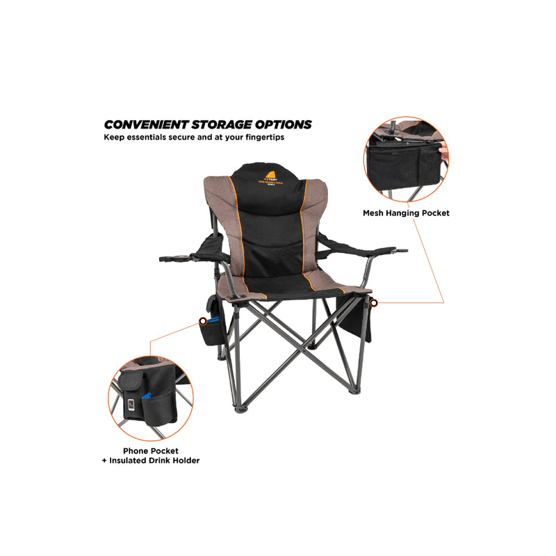 Single | Oztent King Goanna Chair Series lll Image Showing Front View With Storage Options Pointed Out.