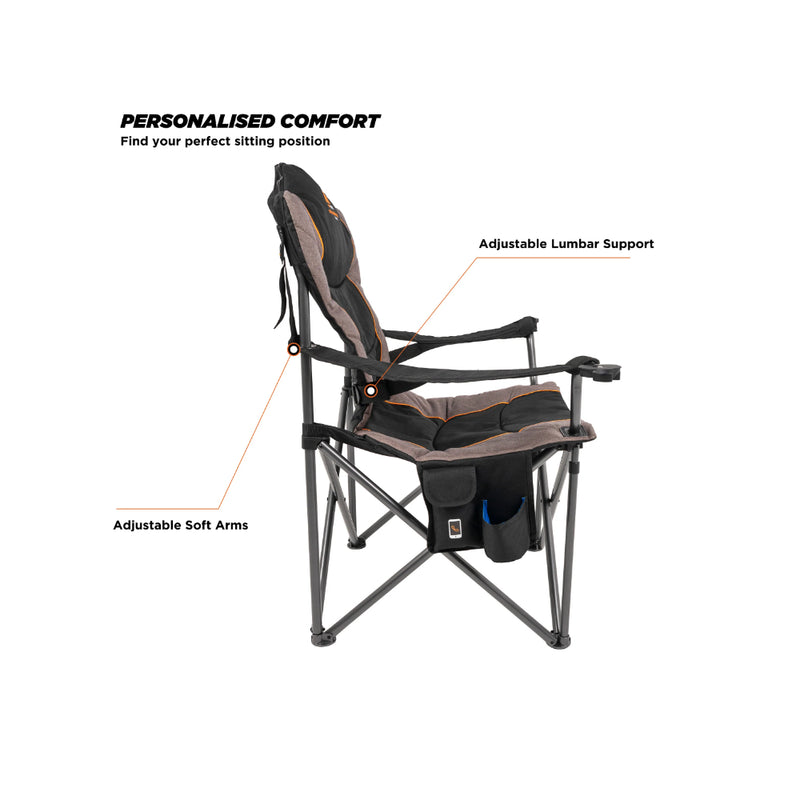 Single | Oztent King Goanna Chair Series lll Image Showing Side Profile, With Information On The Chair's Features.