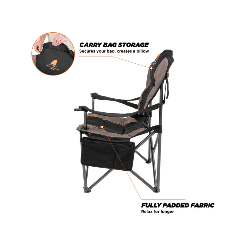 Single | Oztent King Goanna Chair Series lll Image Showing Side View With Carry Bag Storage Information.